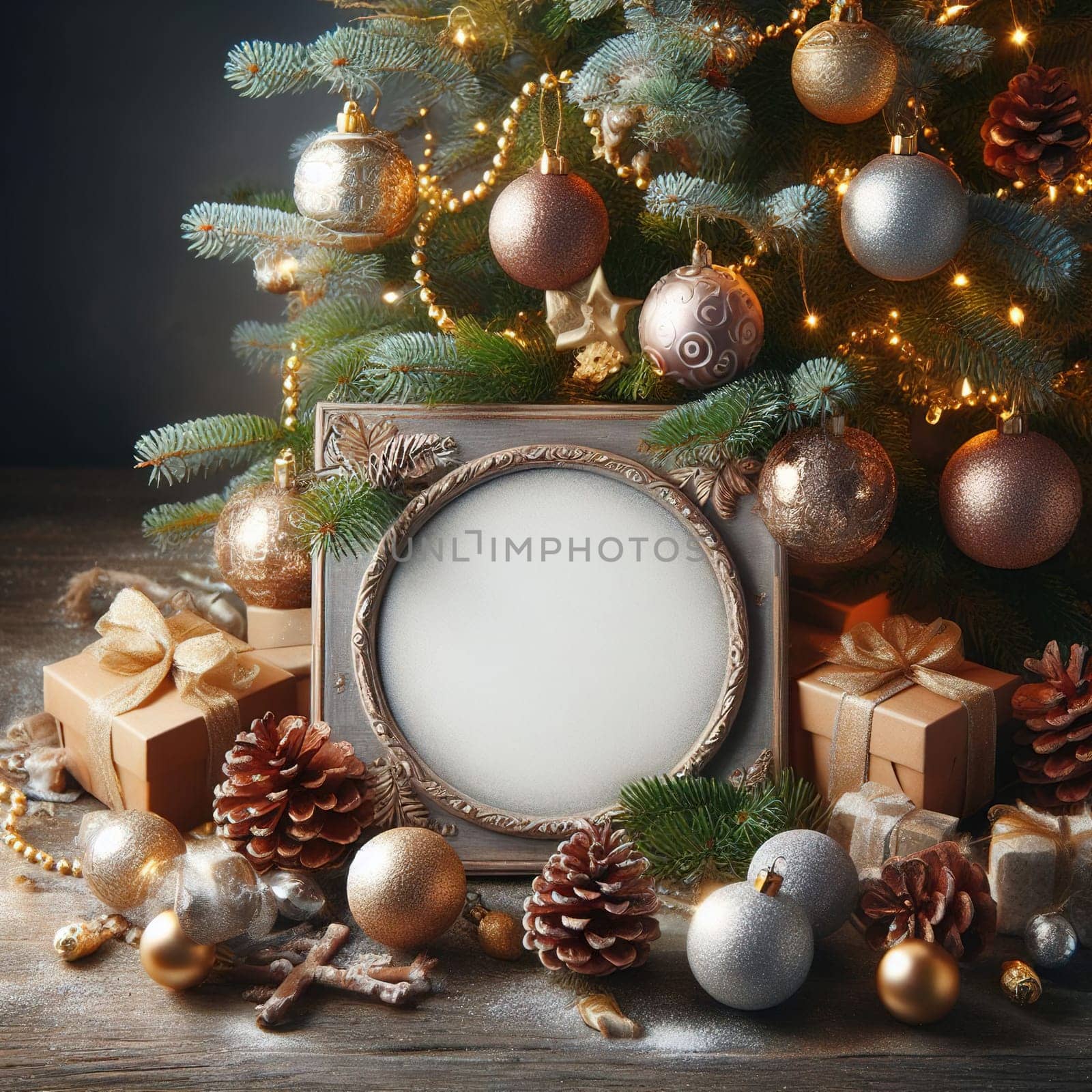 Christmas tree with gifts and lights on the background of a winter landscape.Christmas decoration with gift boxes and baubles on a dark background.Christmas and New Year background with Christmas tree and decorations. Vintage style toned picture.