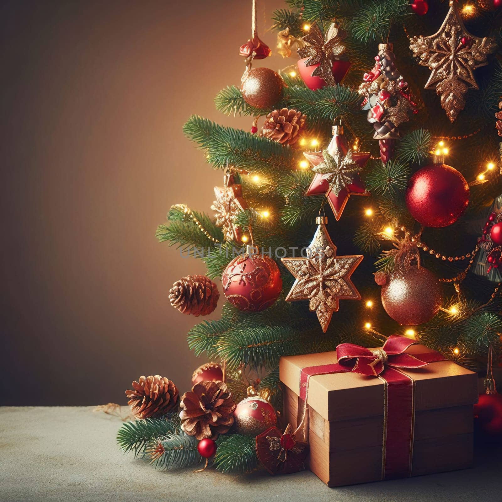 Christmas tree with gifts and lights on the background of a winter landscape.Christmas decoration with gift boxes and baubles on a dark background.Christmas and New Year background with Christmas tree and decorations. Vintage style toned picture.