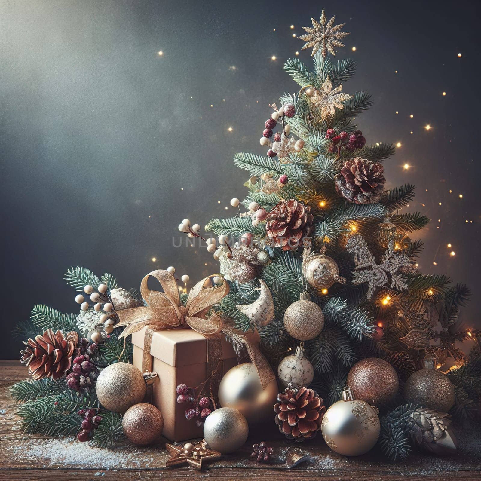 Christmas tree with gifts and lights on the background of a winter landscape.Christmas decoration with gift boxes and baubles on a dark background.Christmas and New Year background with Christmas tree and decorations. Vintage style toned picture.