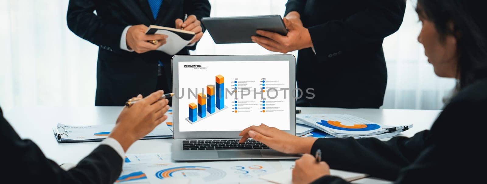 Business data dashboard analysis by computer software . Investment application display business sales and profit on the computer screen and advise marketing planning decision oratory .
