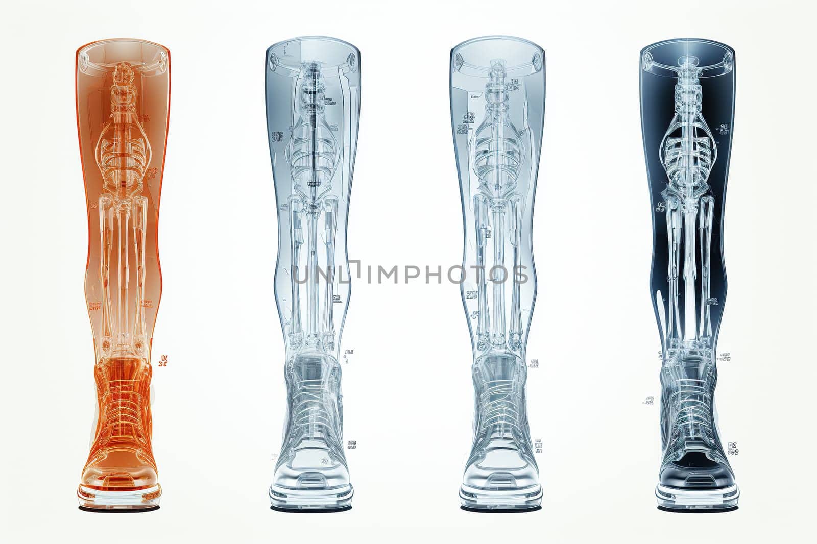 Four prosthetic human legs on a white background.