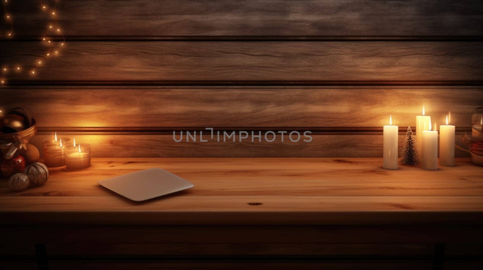 wider view of wooden desk with christmas decor at home in winter comeliness