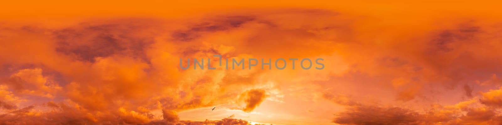 Sunset sky panorama with bright glowing pink Cumulus clouds. HDR 360 seamless spherical panorama. Full zenith or sky dome in 3D, sky replacement for aerial drone panoramas. Climate and weather change. by panophotograph