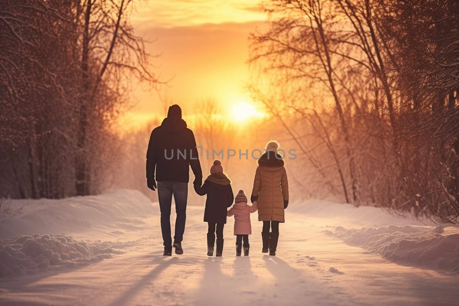 Happy family Father, mother and children are having fun and playing on snowy winter walk in nature. comeliness