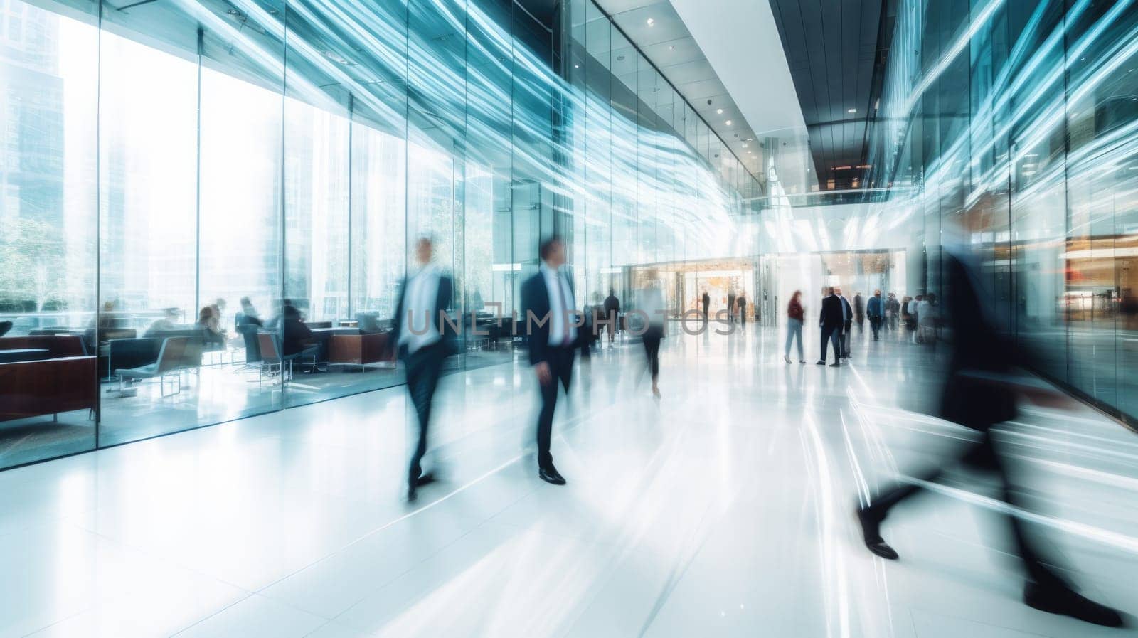 Business people rushing in office lobby with motion blur