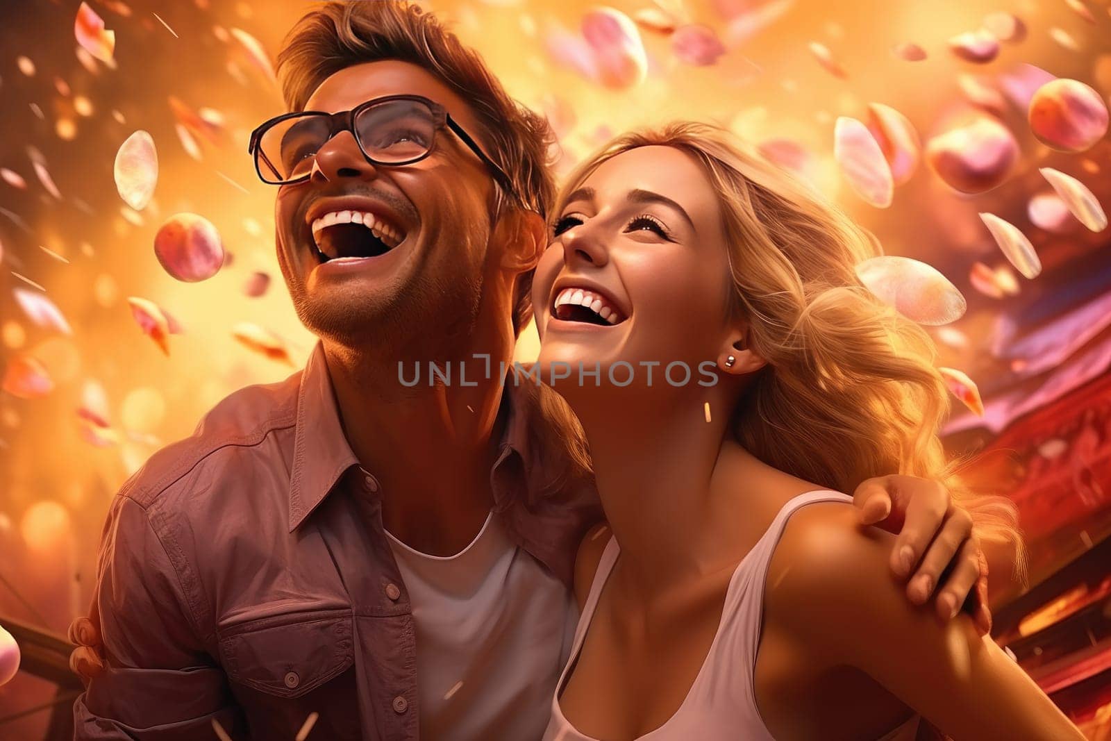 A delightful image capturing a loving couple sharing moments of joy and happiness during a romantic evening, expressing their deep affection and connection.
