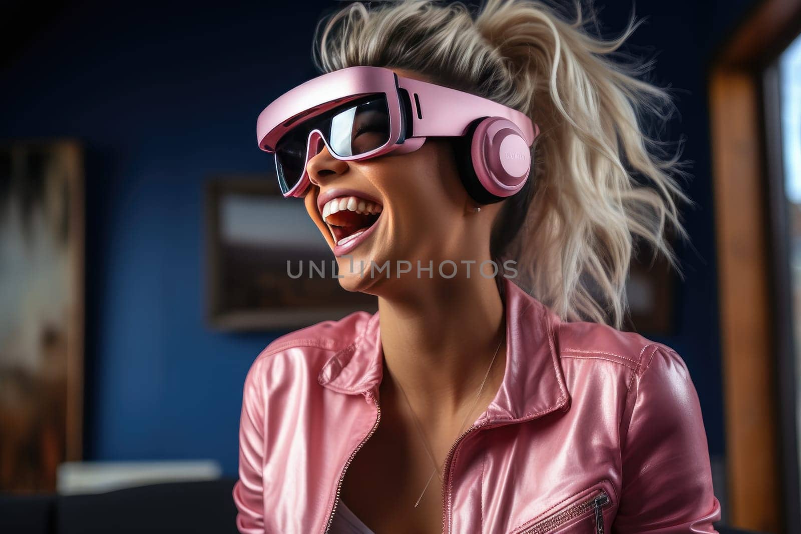Woman wearing virtual reality headset and electronic amplification device by Yurich32