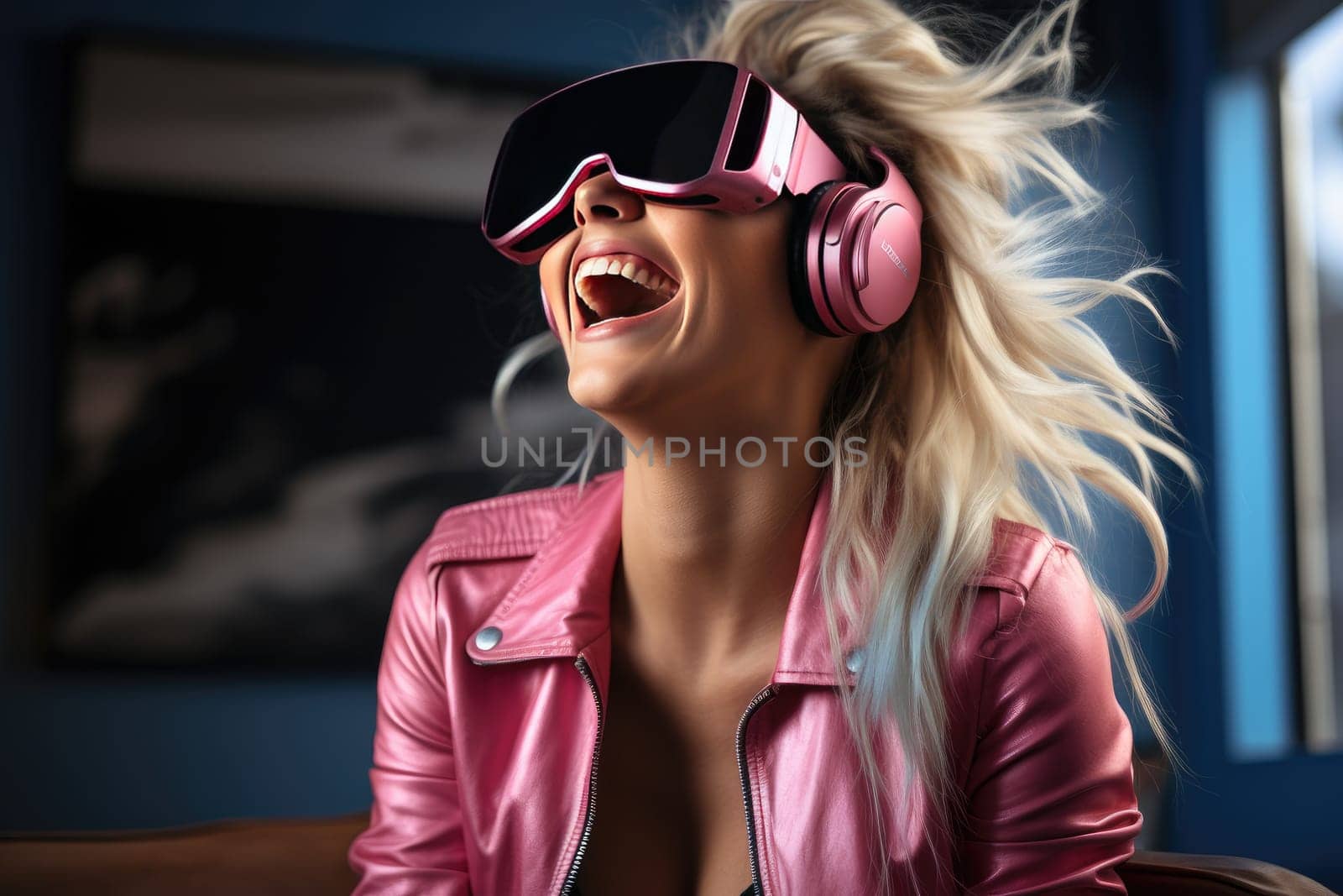 Virtual reality concept featuring a woman using an electronic amplification headset to engage in a digital simulation. Modern technology and futuristic innovation in entertainment.