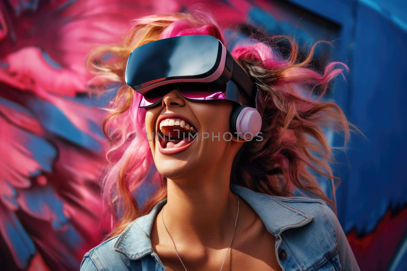 Woman wearing a virtual reality headset with electronic amplification, enjoying an immersive digital experience in a modern setting. Concept of advanced technology and digital innovation.