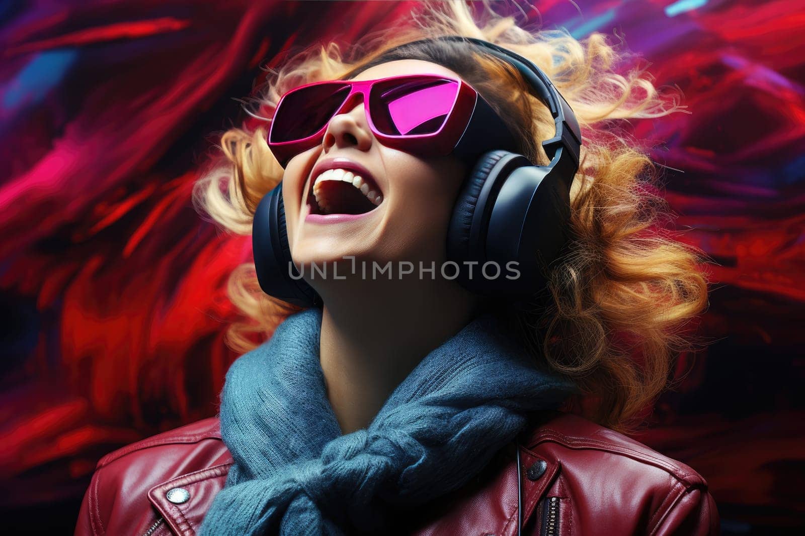 Modern woman immersed in virtual reality with electronic amplification headset by Yurich32