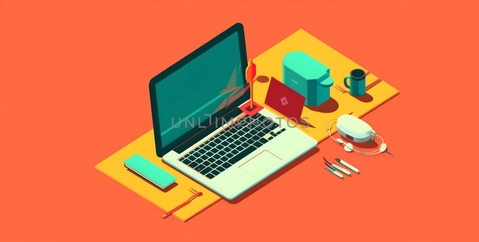 design web computer display desktop business workspace background keyboard colours equipment minimal notebook laptop white object graphic template icon gadget technology. Generative AI.