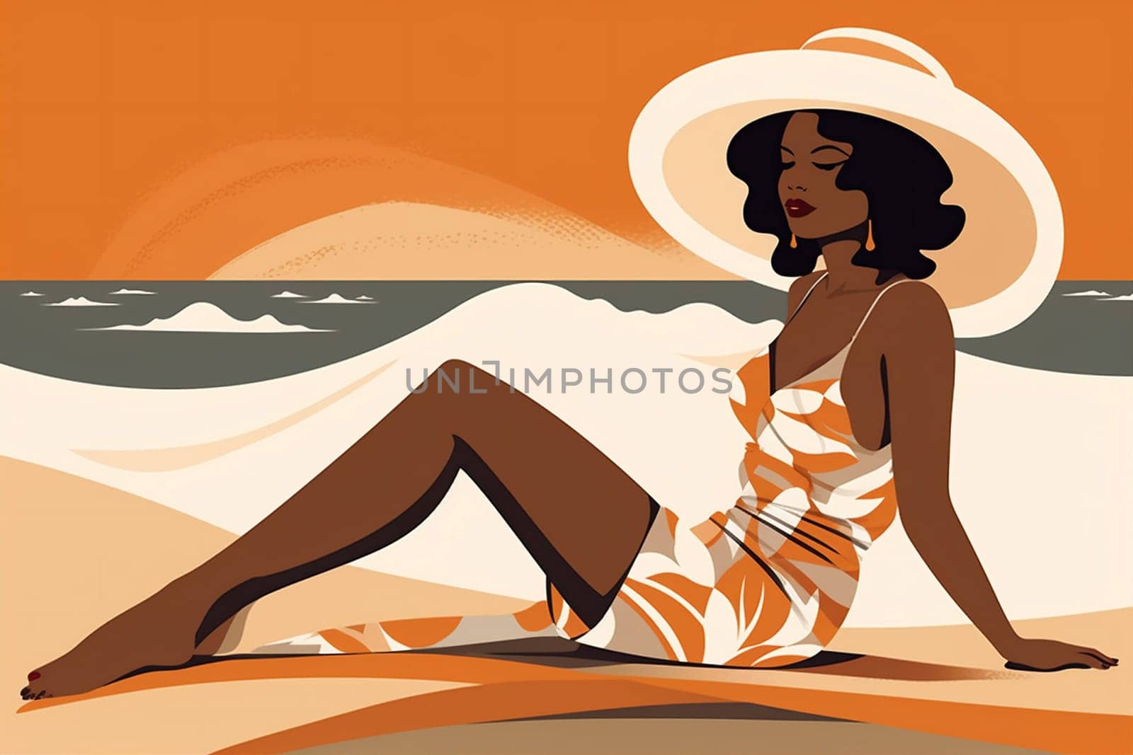 woman black summer hat sand young beige body background beach vacation person tanned concept girl travel sexy cartoon art tropical lifestyle. Generative AI.