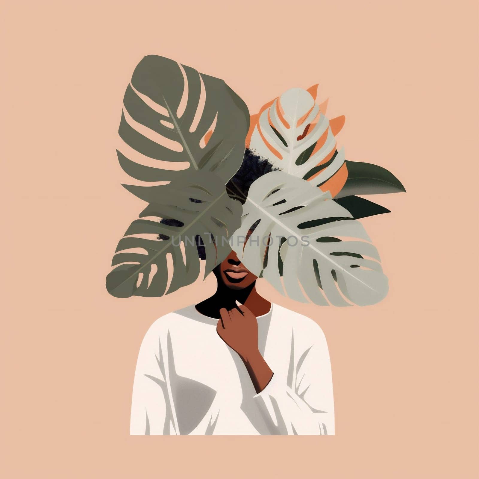 trendy woman poster modern abstract beige leaf art design palm print. Generative AI. by Vichizh