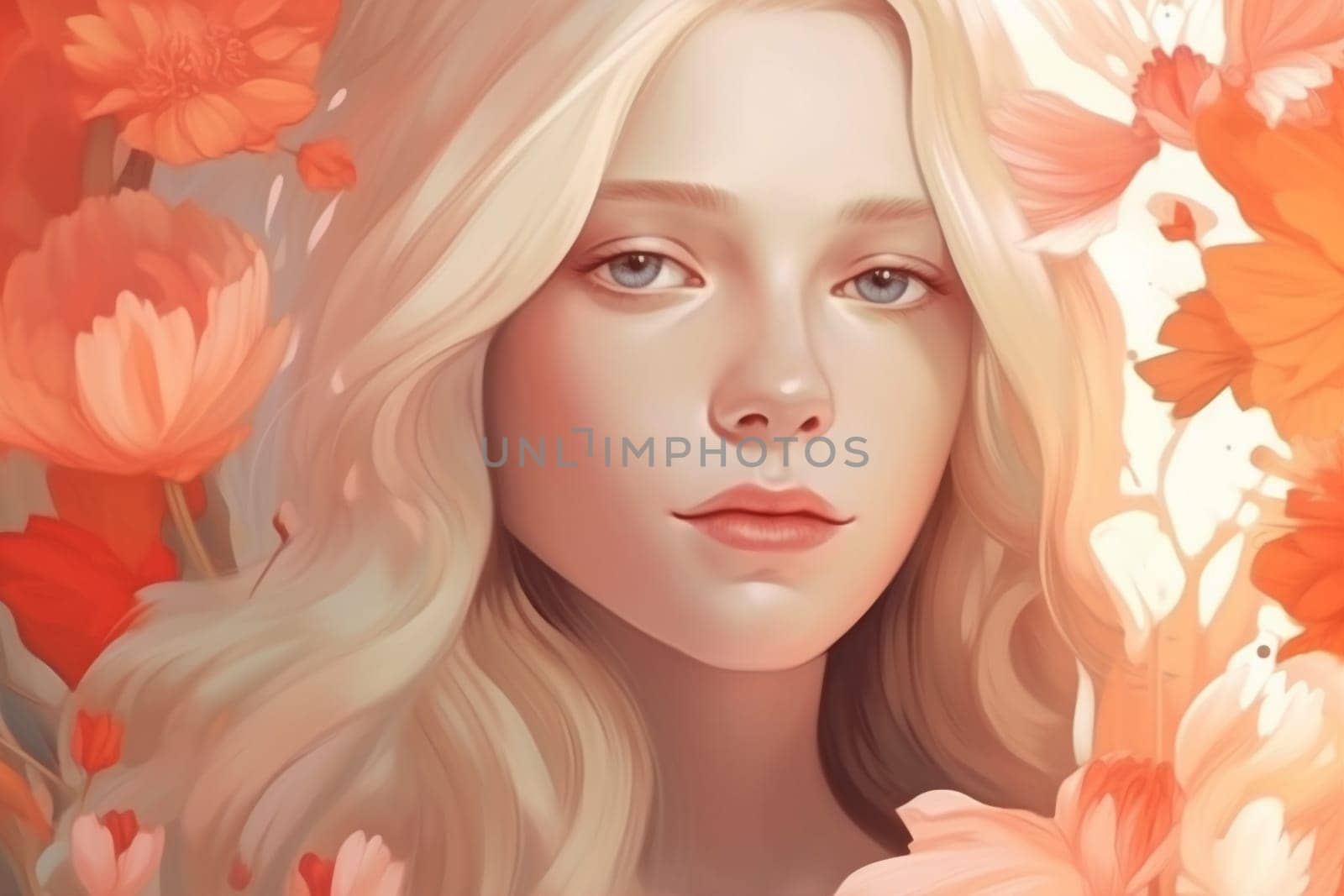 colourful woman flower portrait girl face beauty tender spring trend pastel. Generative AI. by Vichizh