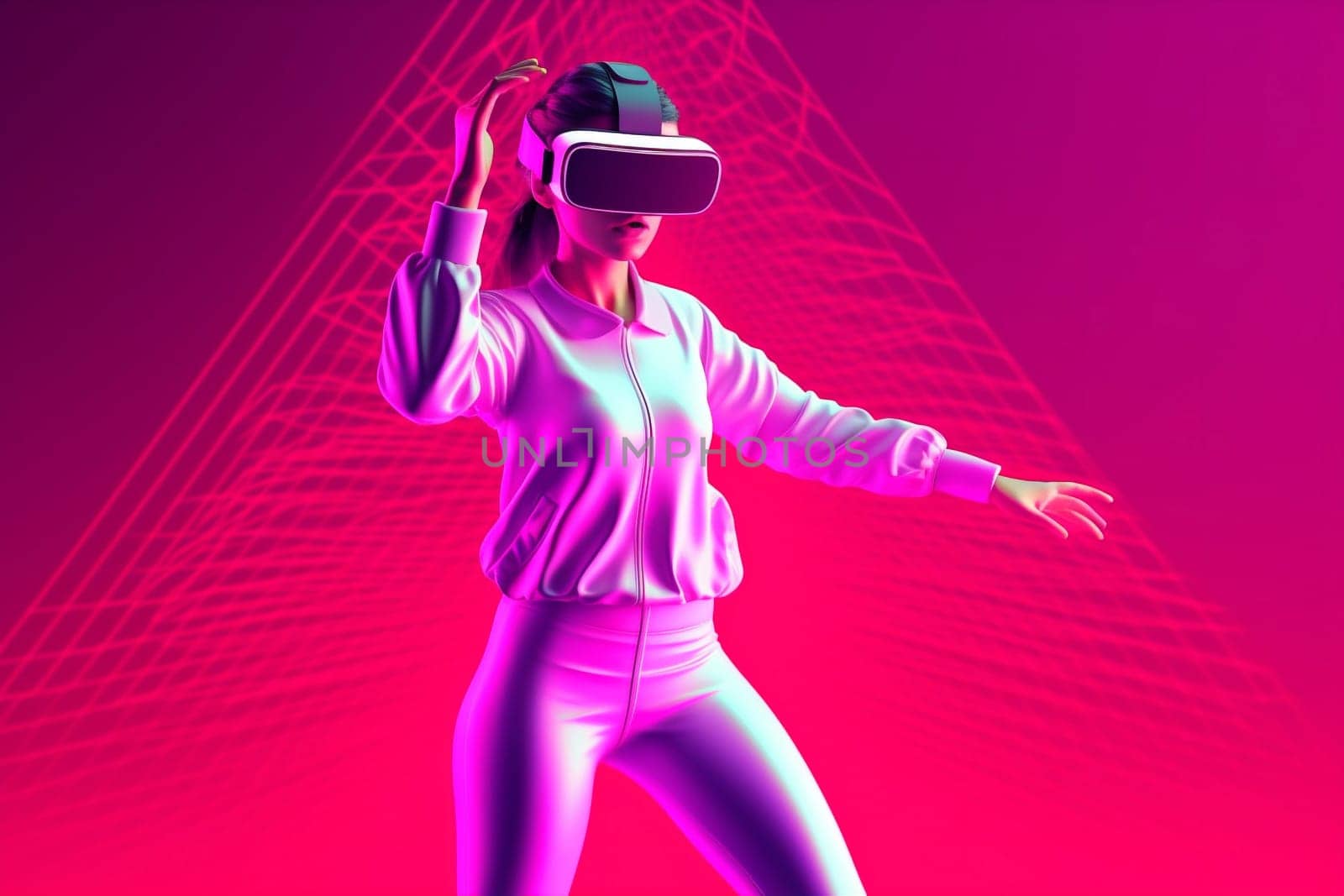 woman digital reality metaverse virtual colorful futuristic person reality innovation sport 3d character game neon virtual concept art vr internet entertainment glasses. Generative AI.