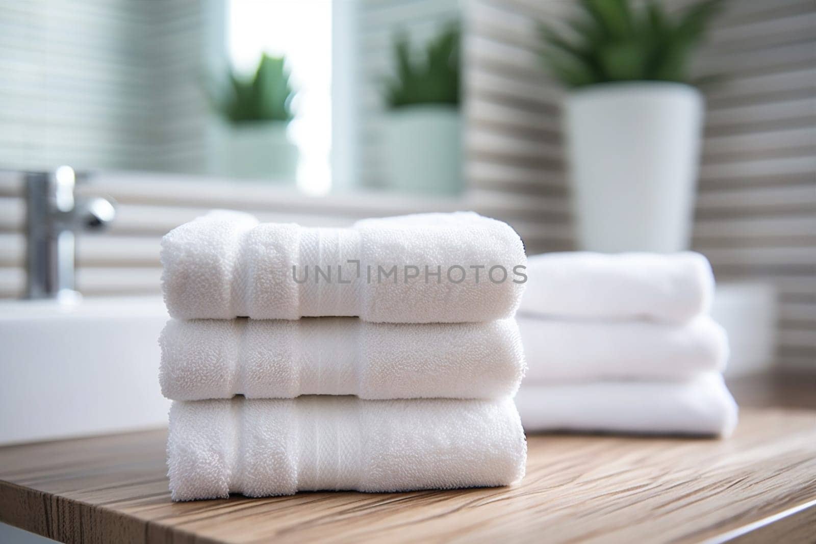towel room bathroom white bath fabric home modern interior table shower soft relax space design background luxury health texture laundry cloth. Generative AI.