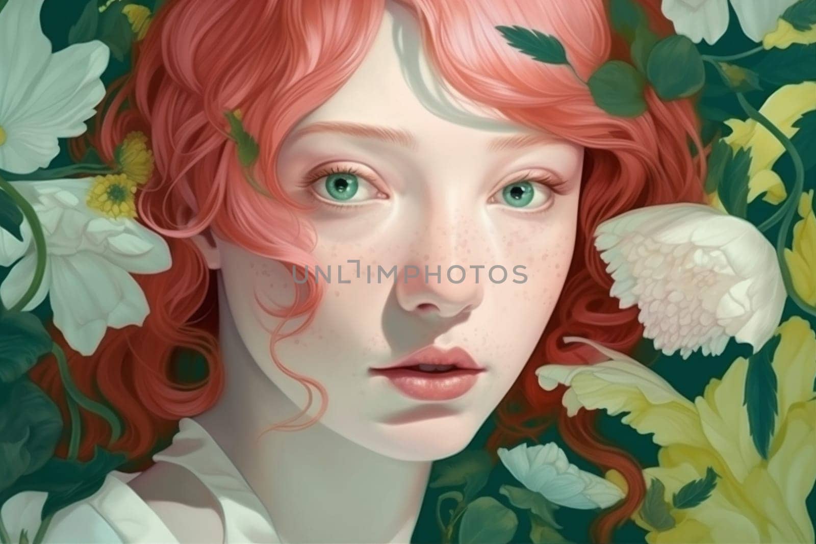 hair woman beauty feminine person background romantic attractive trend tender young flower lip portrait pastel colourful face female girl creative love happy. Generative AI.