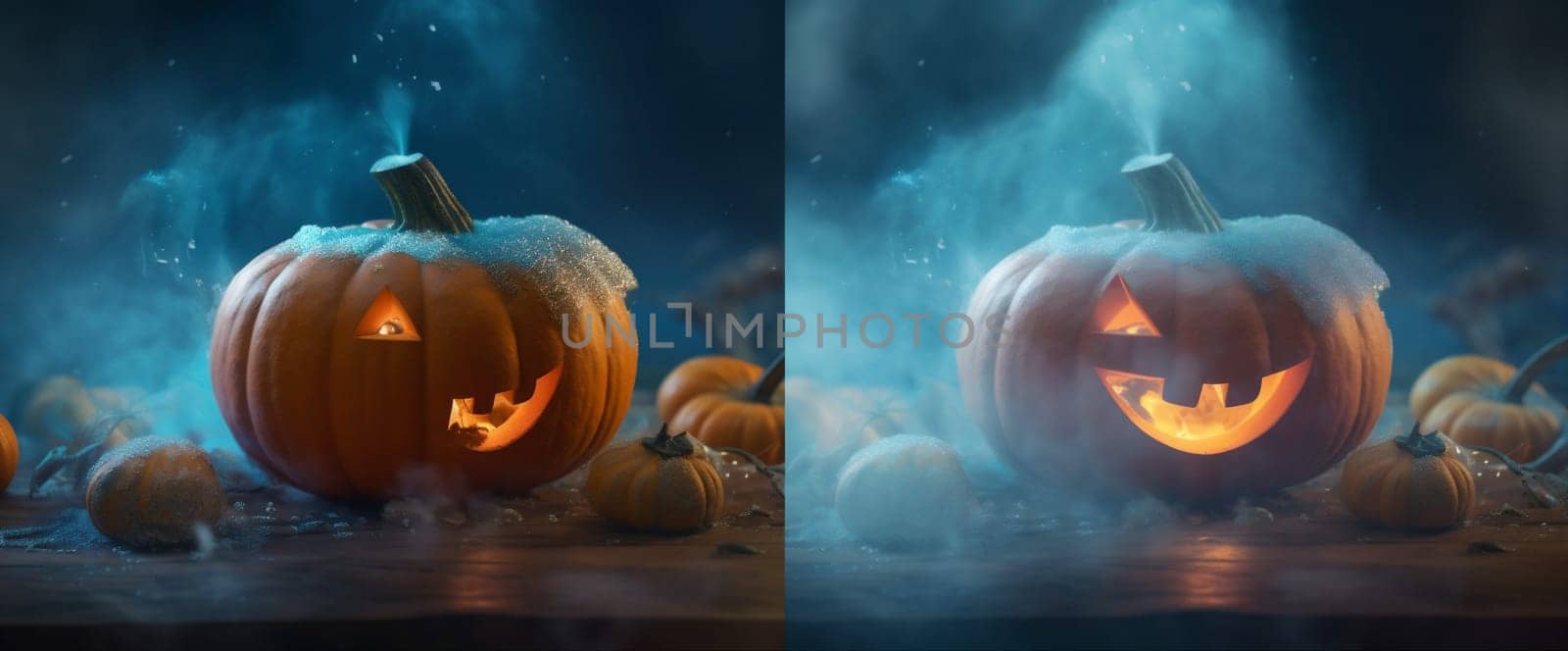 mystery blue pumpkin halloween copyspace night table evil background horror fear. Generative AI. by Vichizh