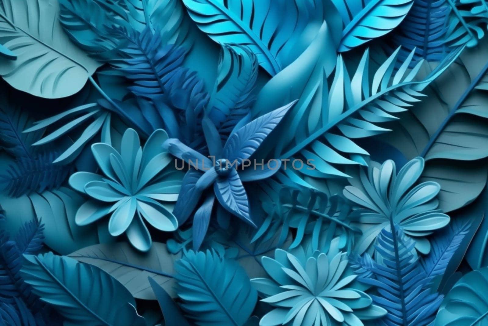 beautiful decoration plant design flower paradise leaf paper jungle background white tropical nature exotic copy colourful summer blue space backdrop trendy tropic. Generative AI.