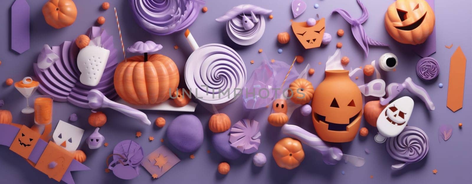 holiday spider pumpkin candy celebration orange party halloween purple sweet. Generative AI. by Vichizh