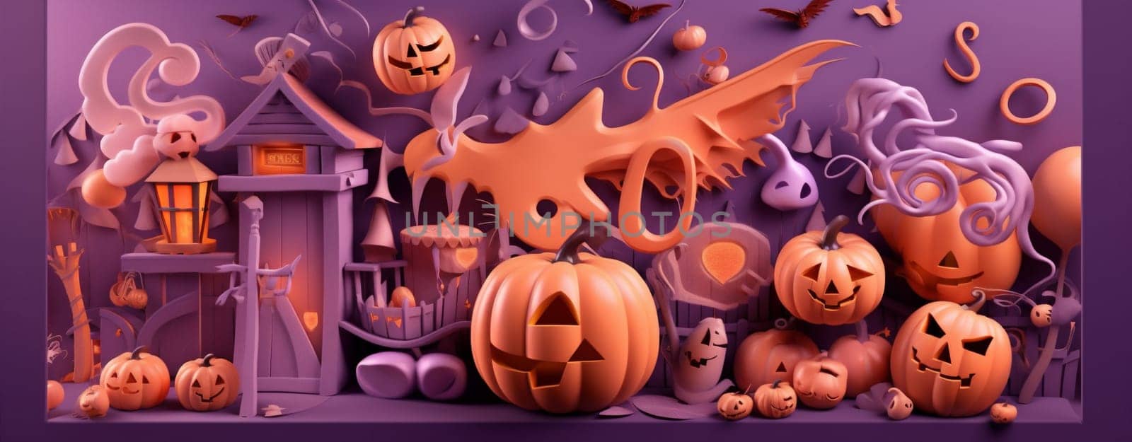sweet holiday celebration party halloween orange spider candy pumpkin purple. Generative AI. by Vichizh