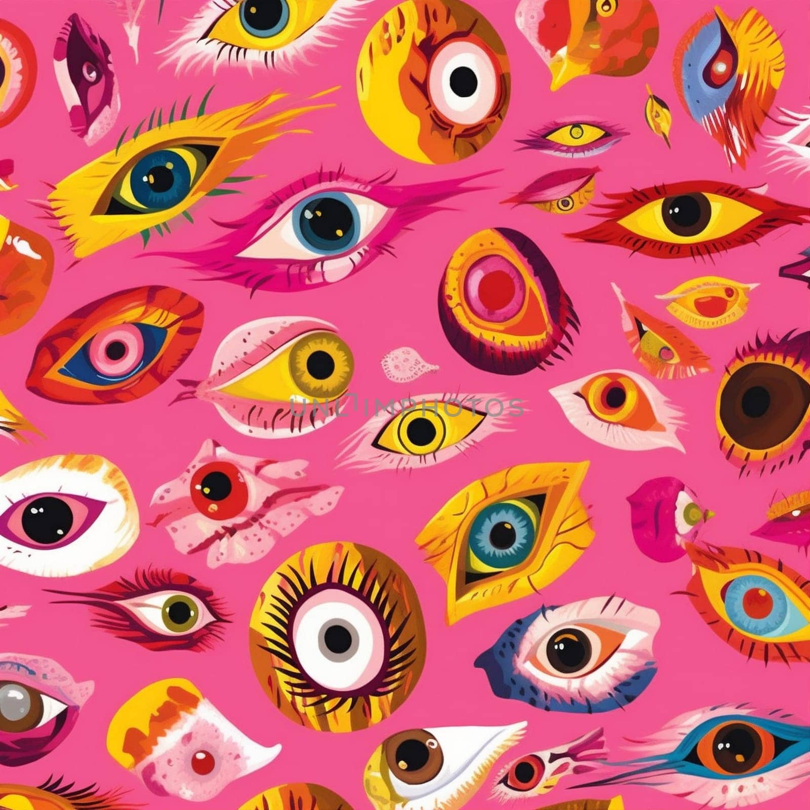 textile retro vignetting illustration star pink blue doodle design background eyeball eye monster black cool abstract hand-drawn signs seamless valentine pattern. Generative AI.