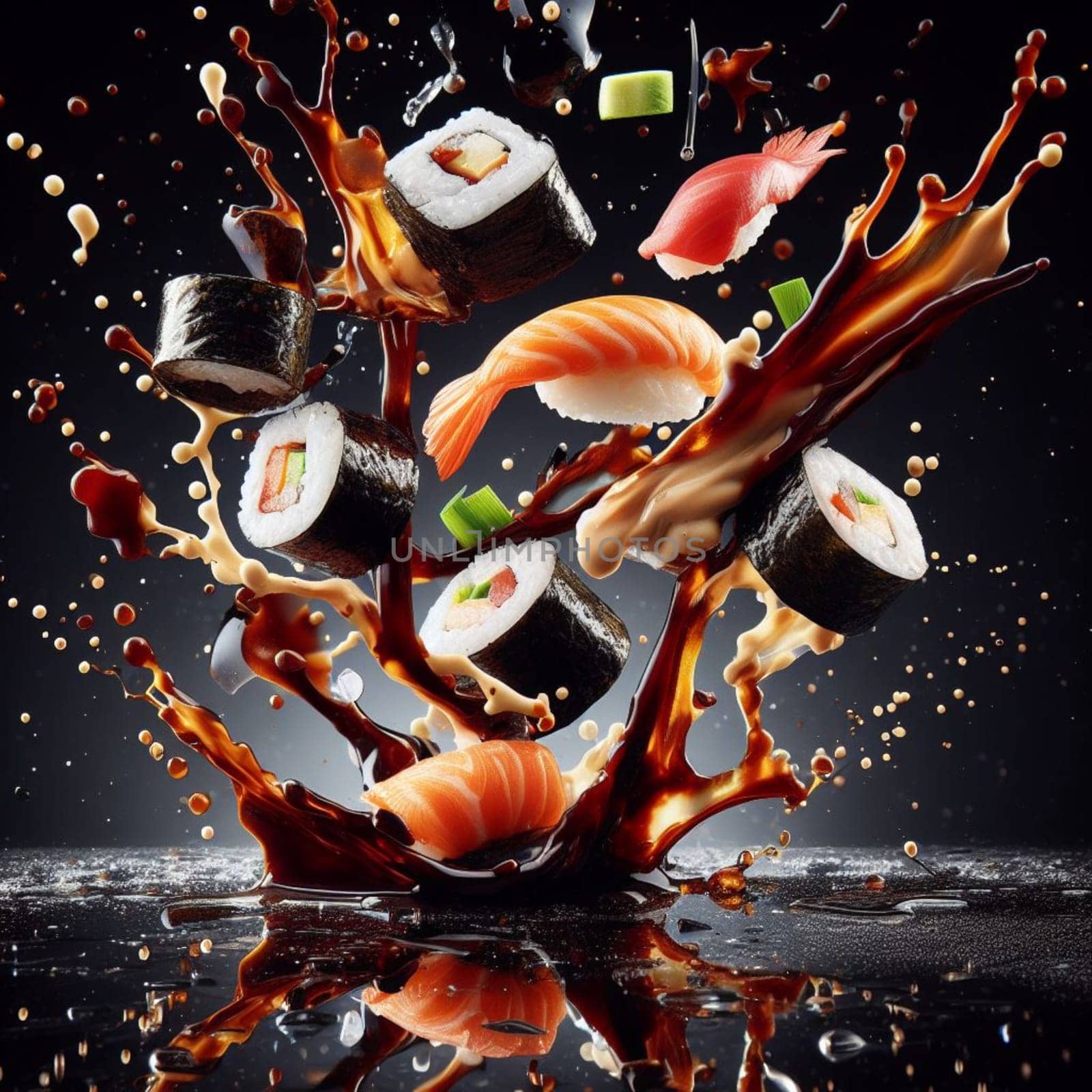 fly sushi roll sashimi japan food and ingredients soy sauce splash, stick, concept illustration generative ai art