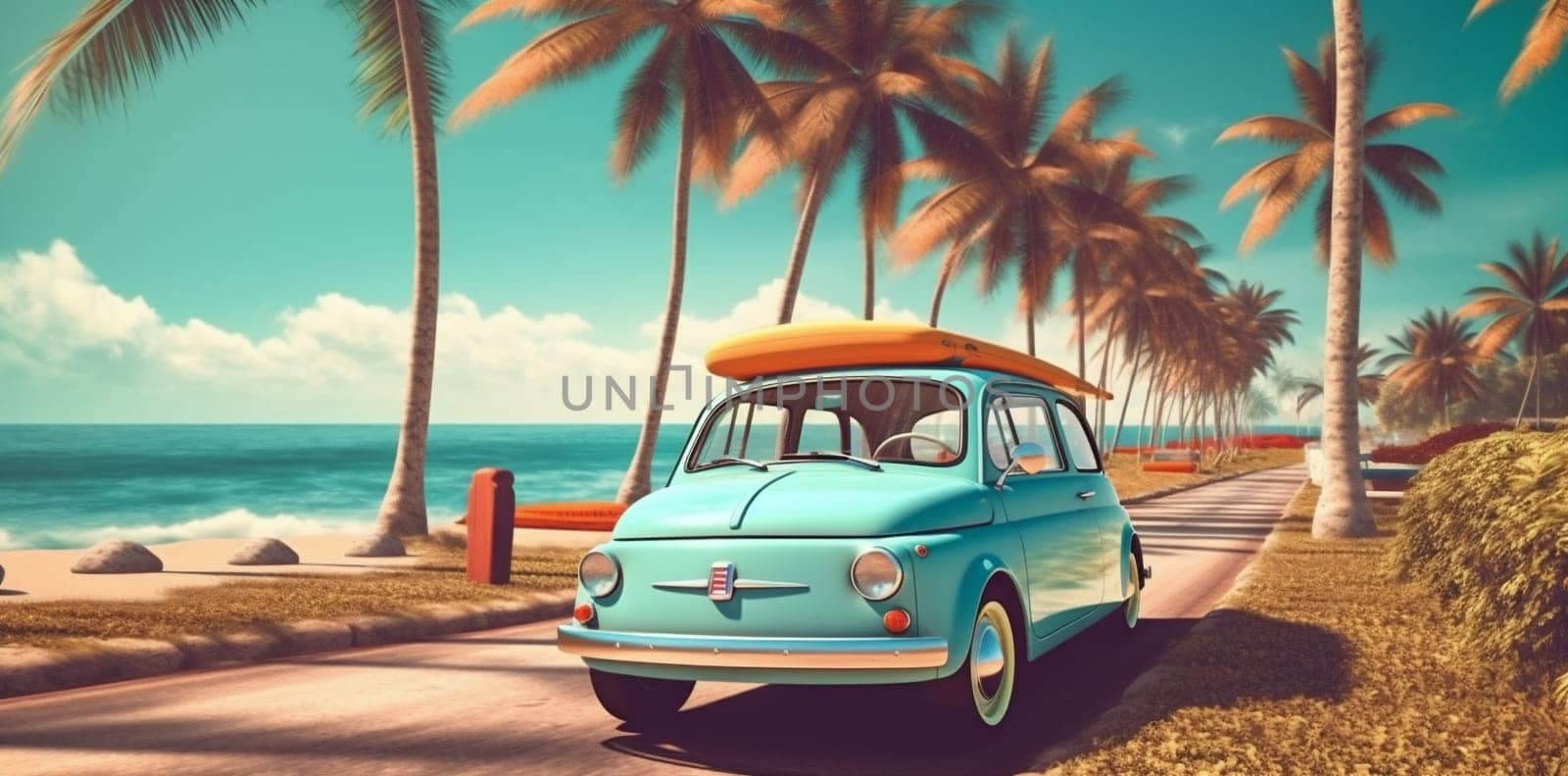 palm drive travel beach summer classic vintage retro road fun trip sand blue car sun vacation ocean tourism tropical old-fashioned. Generative AI.