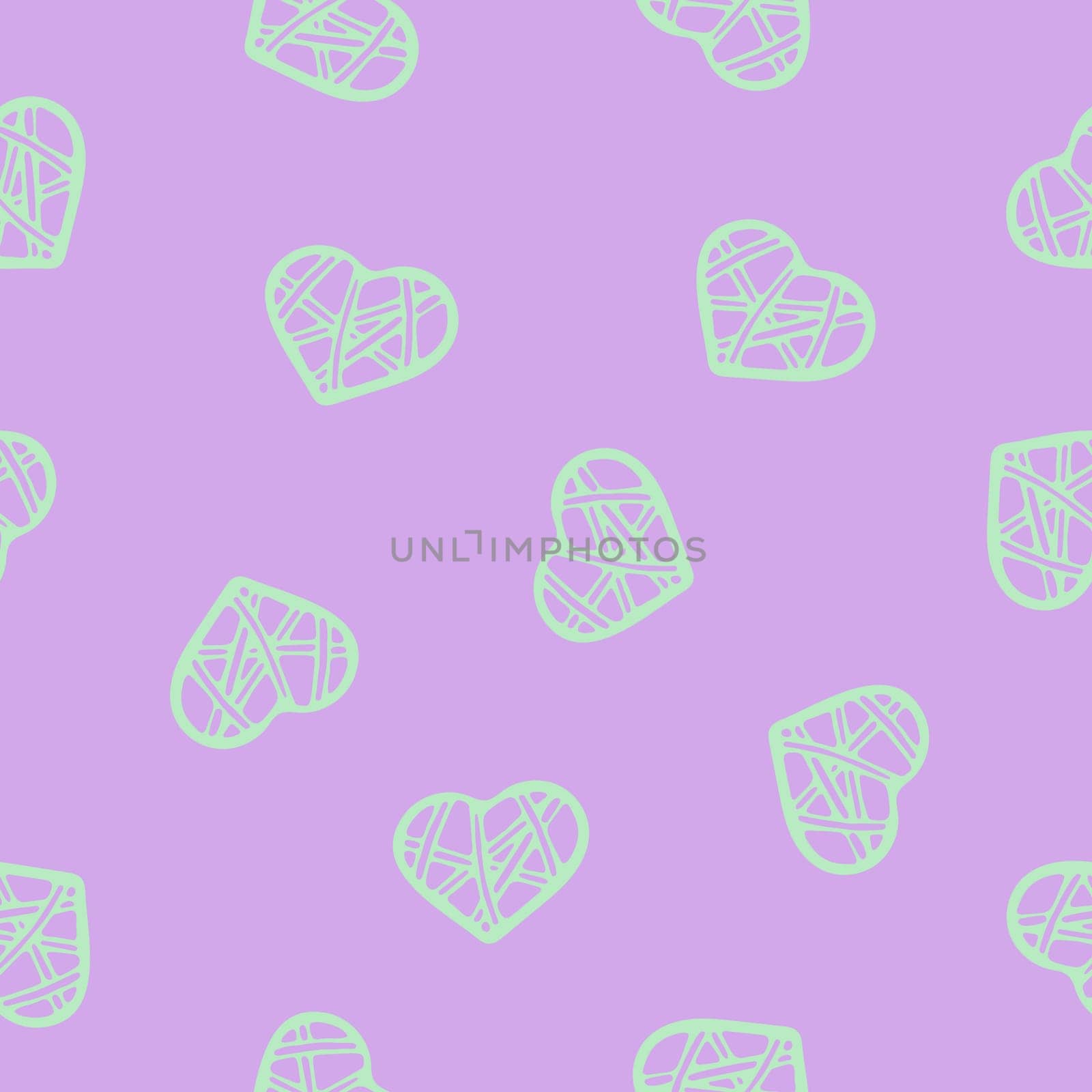 Hand Drawn Seamless Patterns with Hearts in Doodle Style. Romantic Love Digital Paper for Valentines Day. Colorful Hearts on Pastel Lavender Background.