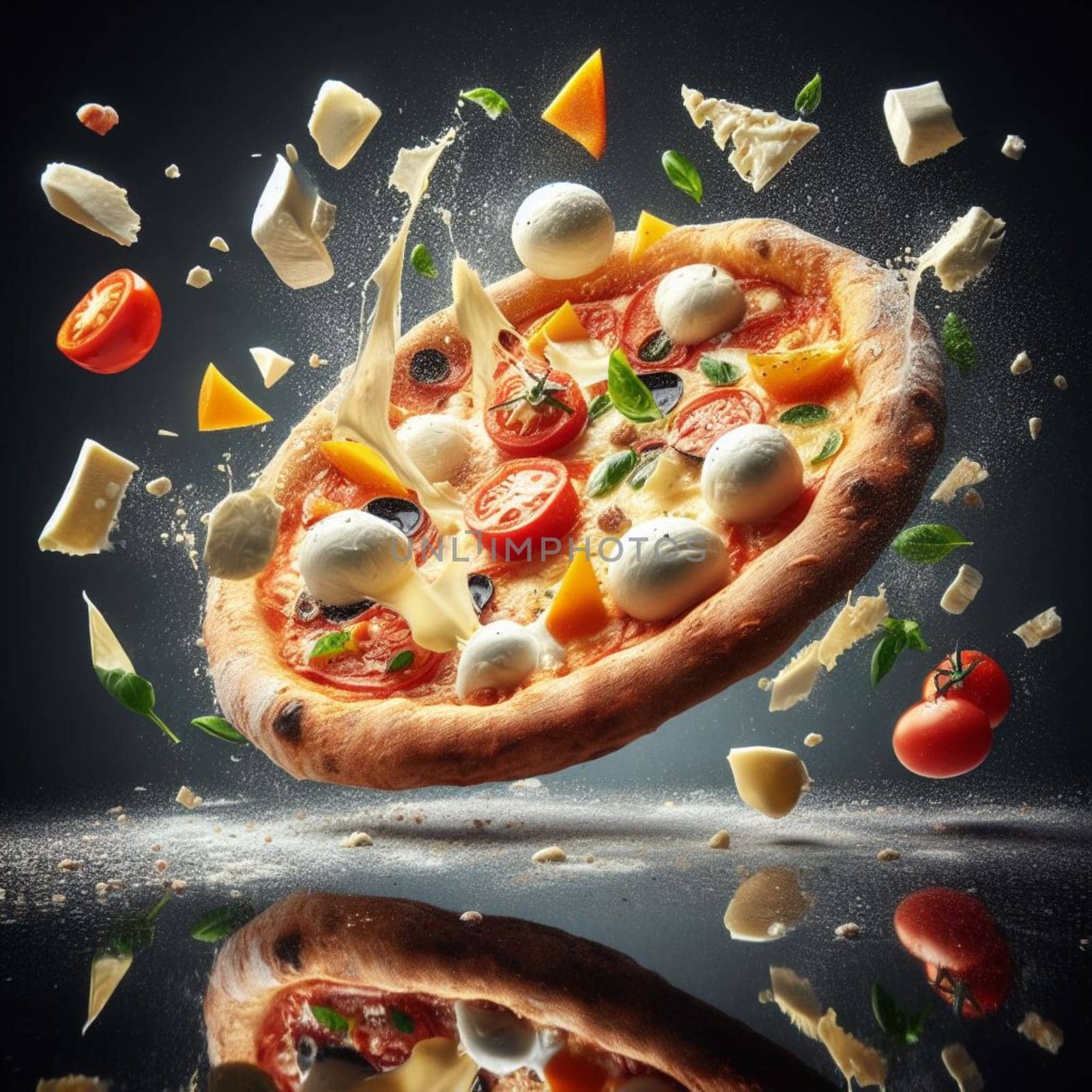 flying splashing mozzarella bufala italian pizza with tomato sauce and basil food photography generative ai art