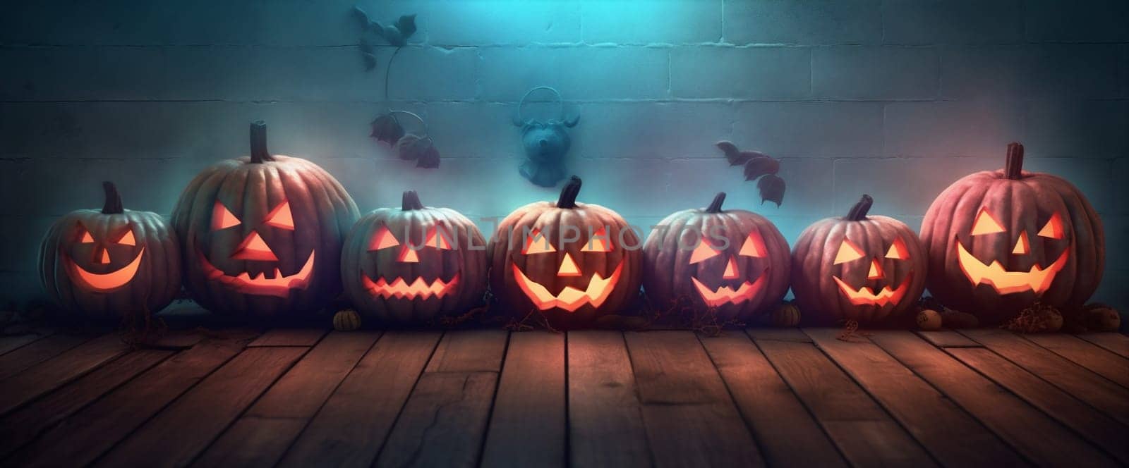 night pumpkin mystery evil blue funny halloween fear background horror table. Generative AI. by Vichizh