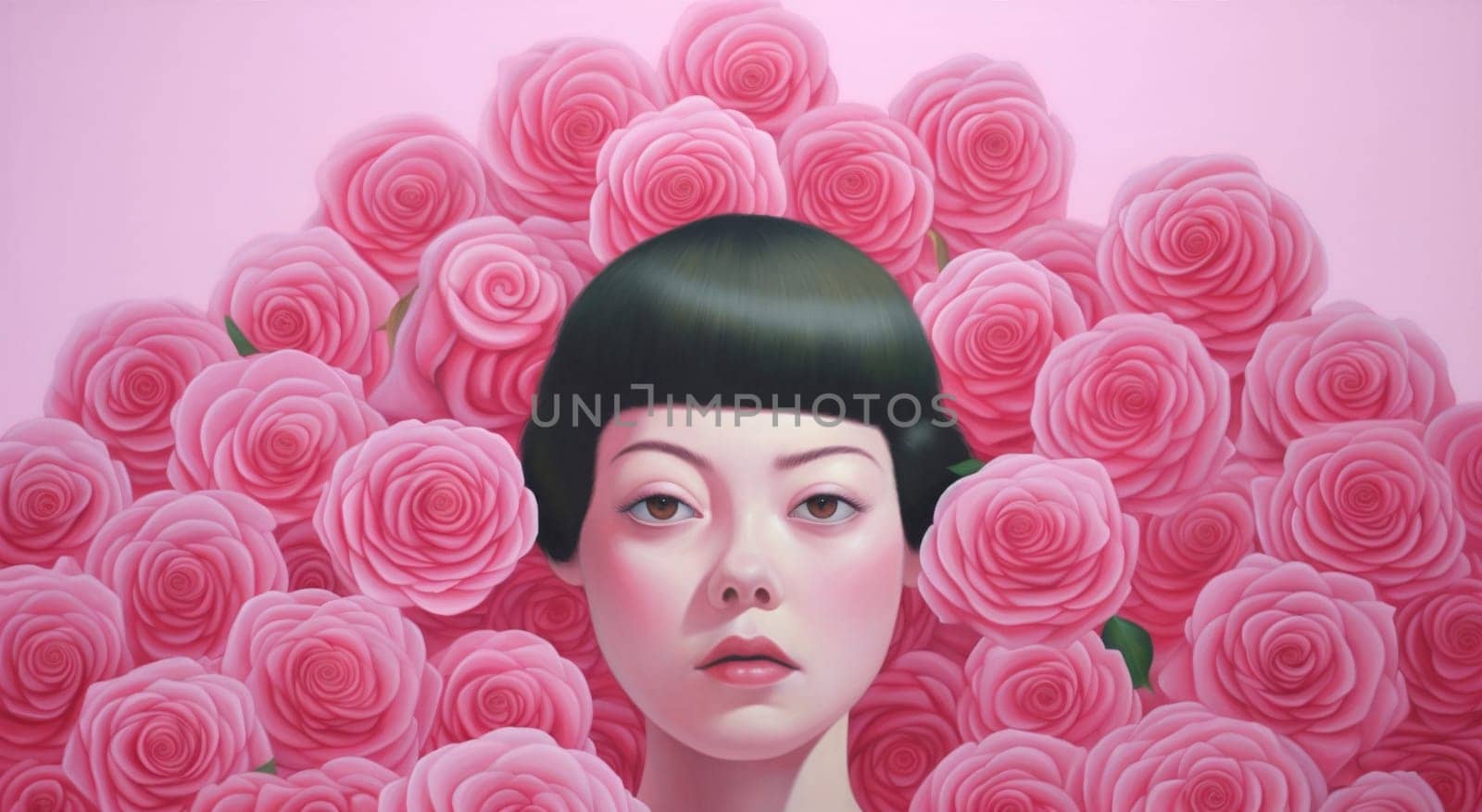 woman summer graphic peony trendy portrait lady pink art rose female modern flower face leaf beauty lip illustration young background fashion. Generative AI.