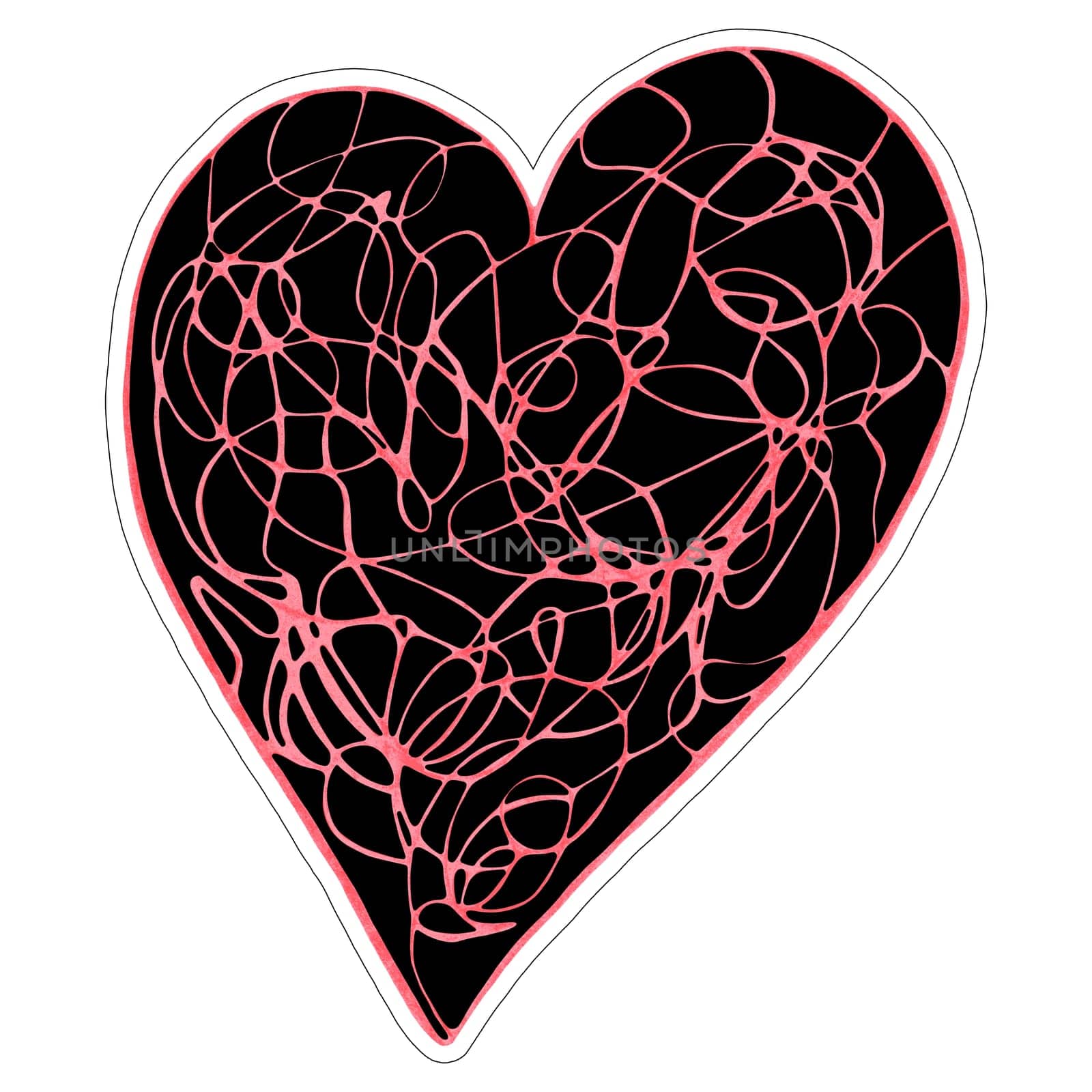 Red and Black Heart Sticker Drawn by Colored Pencil. Heart Shape Isolated on White Background. by Rina_Dozornaya
