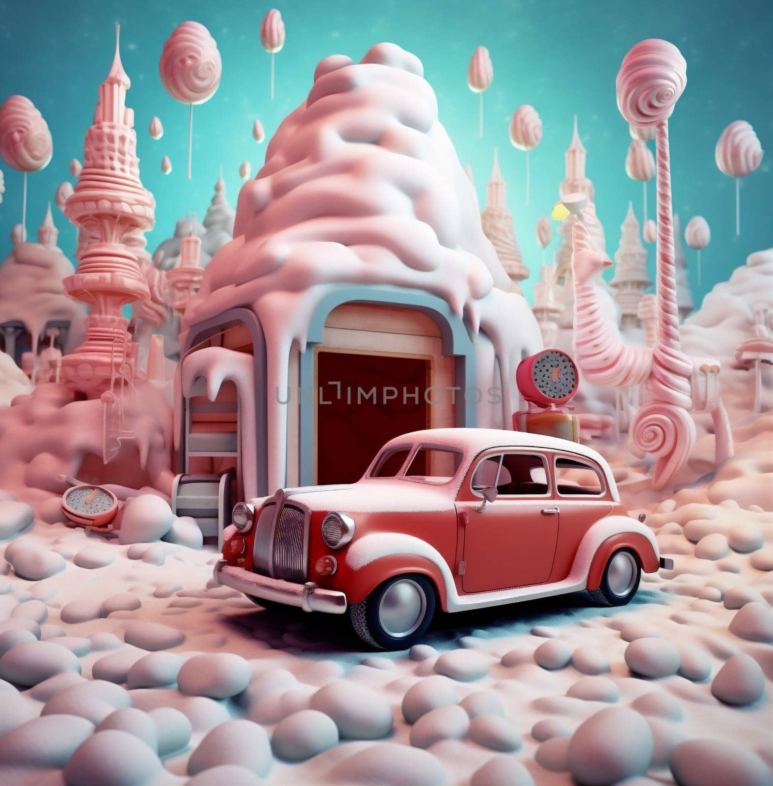 merry gift holiday winter snow festive car retro christmas candy. Generative AI. by Vichizh