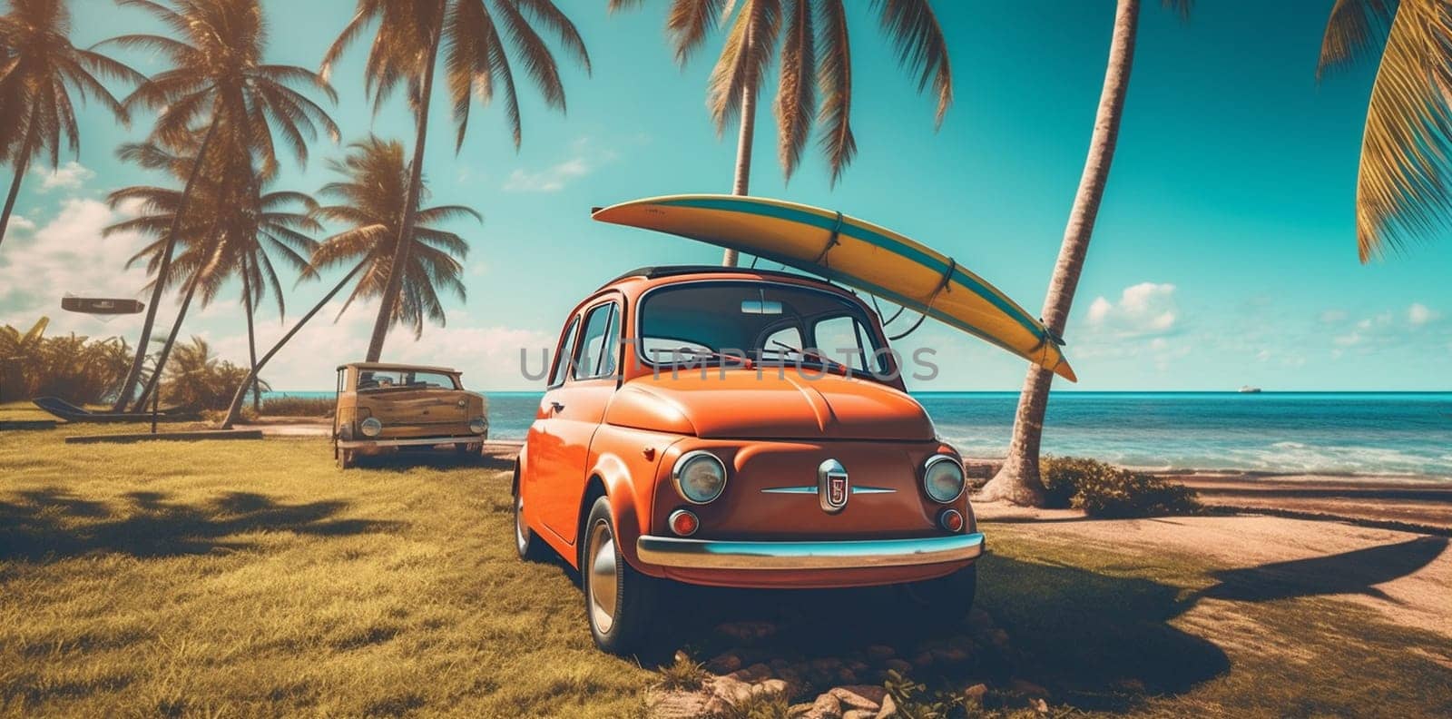 trip road auto car travel tropical concept vehicle retro fun beach poster palm vintage old-fashioned nature vacation yellow art summer. Generative AI.