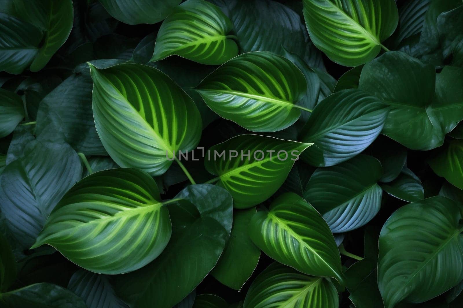 tropical exotic foliage fresh floral nature forest green palm tree botany background leaf color bush jungle green colourful leaf wallpaper decoration tropic. Generative AI.