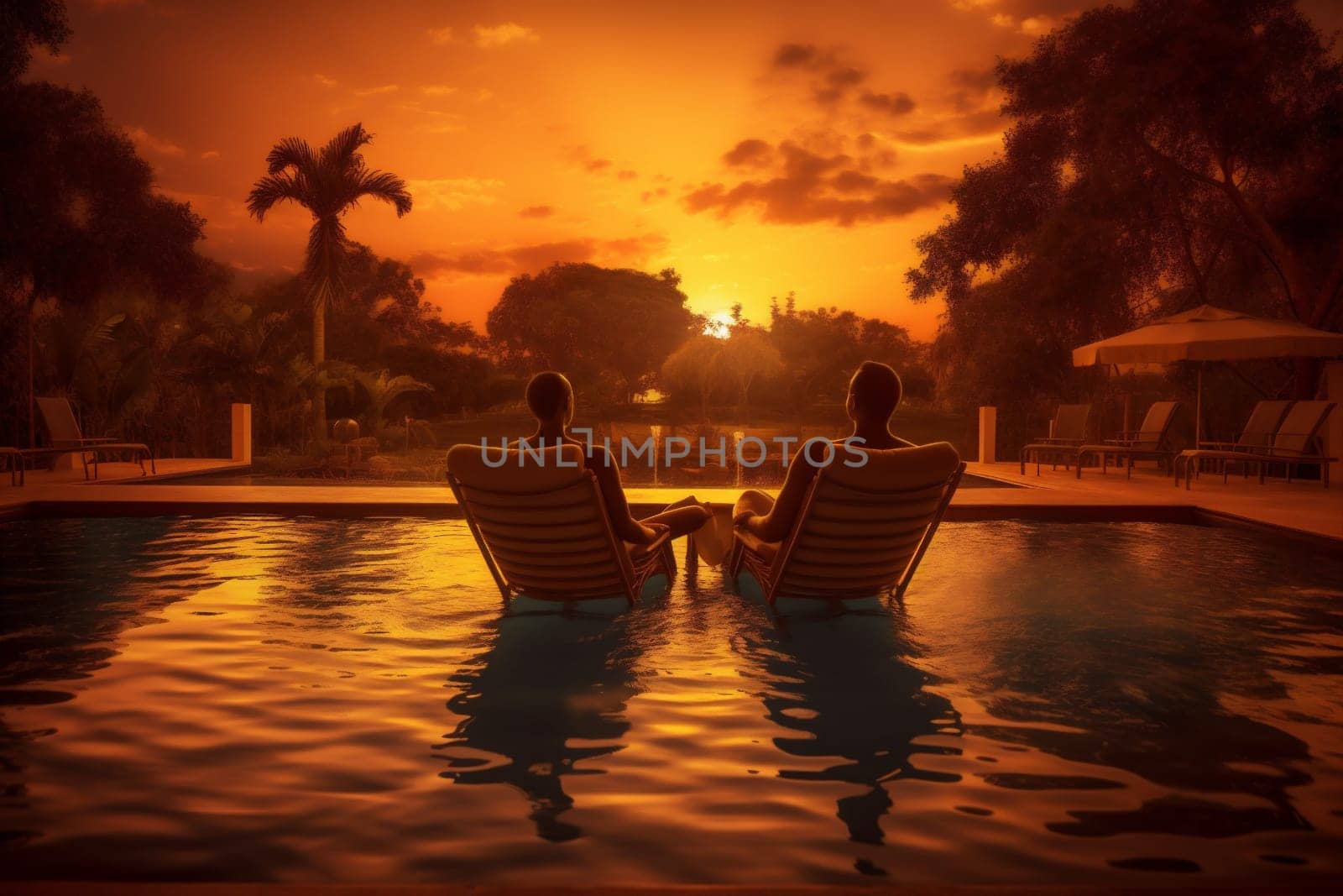 pool honeymoon vacation couple relax swimming travel back sunset romantic. Generative AI. by Vichizh