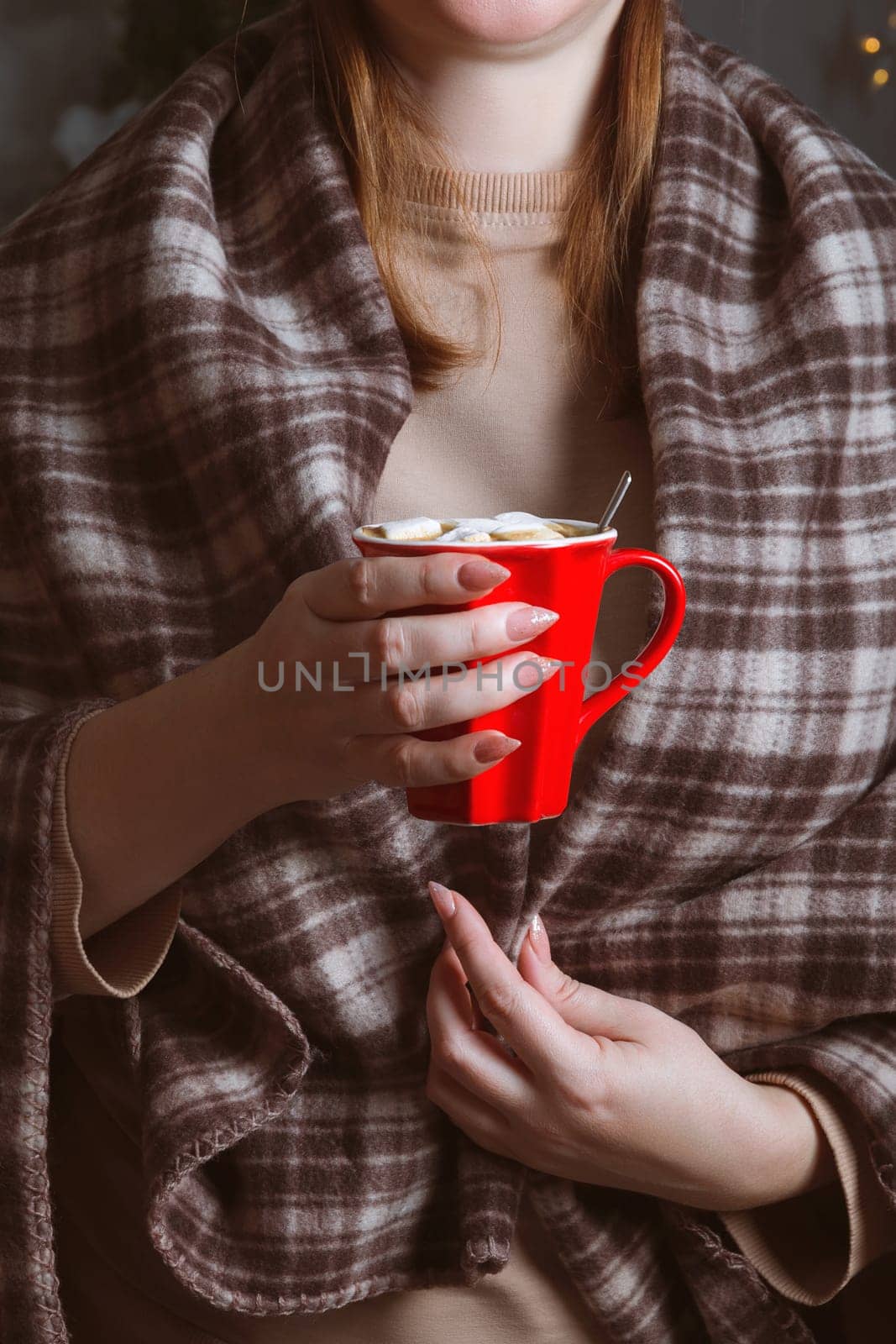 A girl in a warm blanket holds a red cup with a hot winter drink. Hot chocolate, cocoa, coffee with marshmallows by ElenaNEL