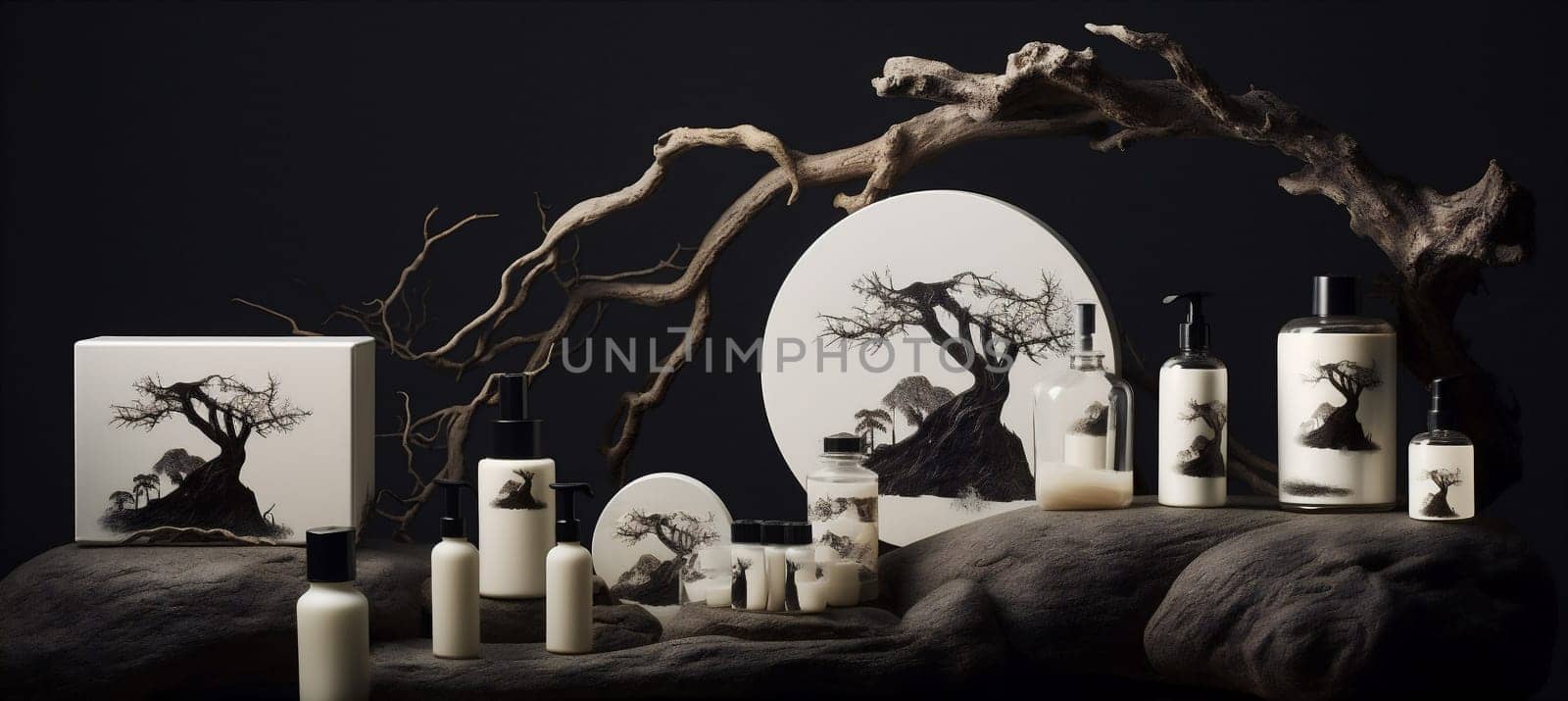 layout copy bottle product promotion cosmetic space display white background rock cactus trendy composition tree tree halloween branch minimalist art nature natural beauty. Generative AI.