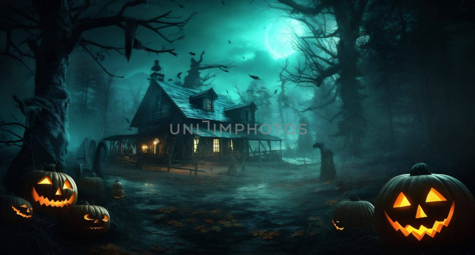 moon house darkness art bat night graveyard halloween mystery horror light full illustration pumpkin lantern cemetery holiday dark grave ghost. Generative AI.