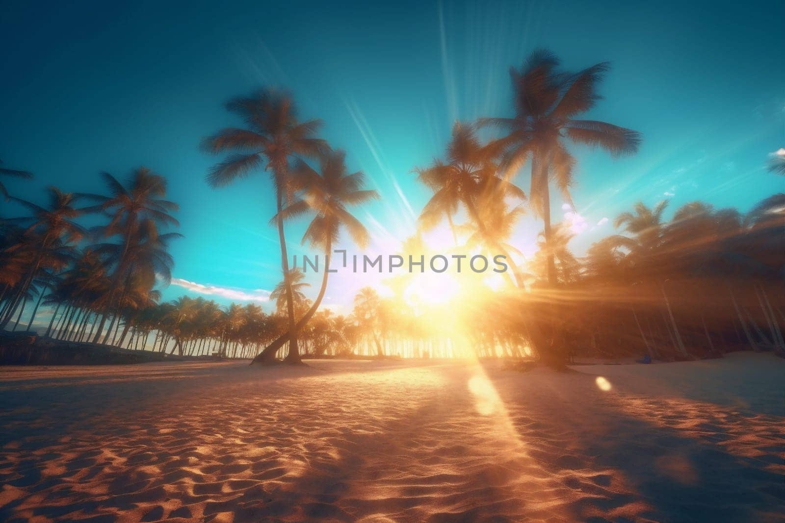 palm ocean sun sky island landscape sunrise beach sea sunset. Generative AI. by Vichizh