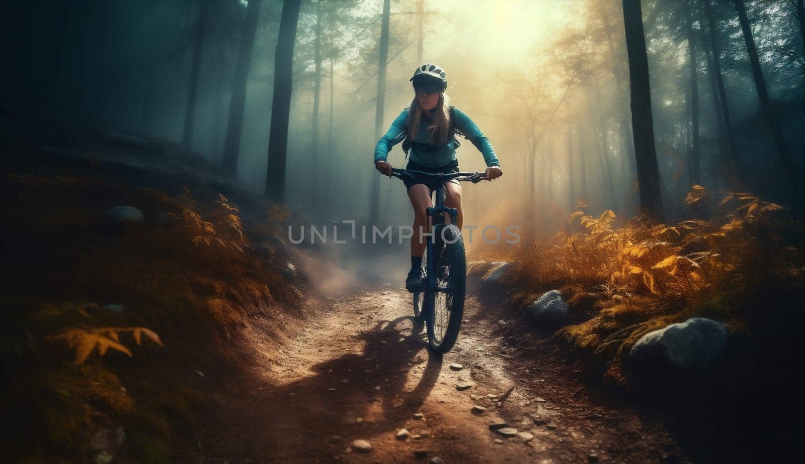 bike woman dark cycling walking sport forest tree bicycle summer sunset. Generative AI. by Vichizh