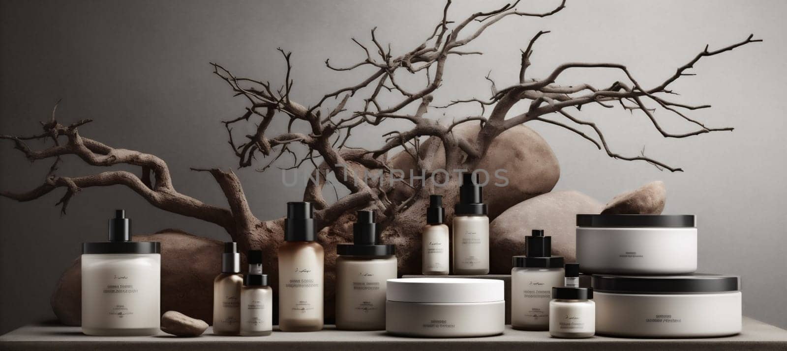 product minimalism background promotion tree nature halloween copy beauty branch natural space cactus cosmetic bottle stone composition layout design beige template display tree. Generative AI.