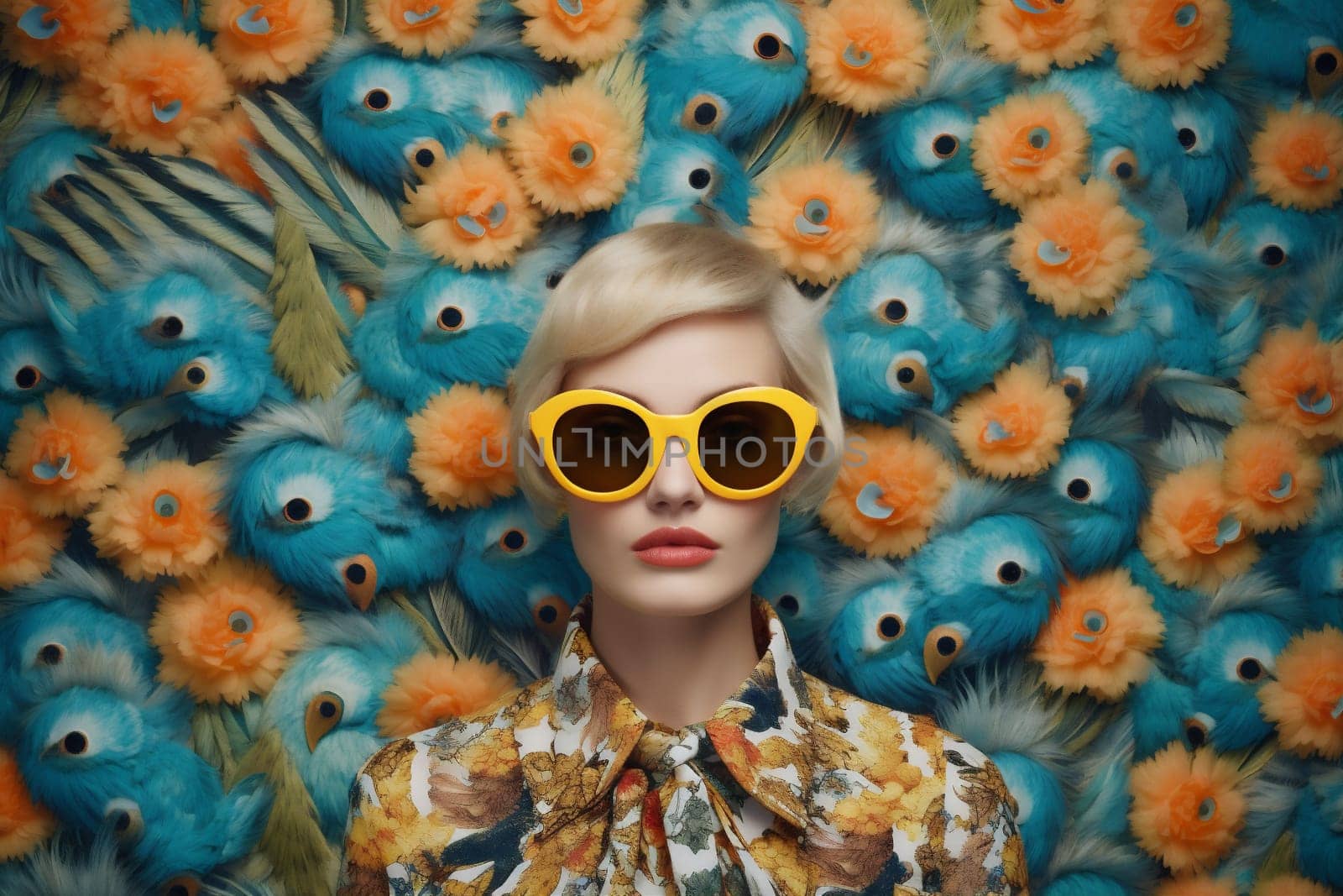 woman sexy girl eye nature peacock beautiful africa young fashion face macaw pet jungle caucasian colorful beauty wing background bird glamour. Generative AI.