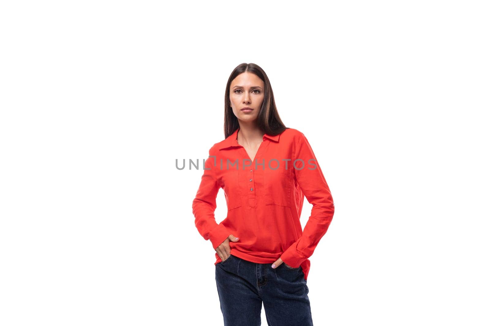young pretty brunette secretary woman dressed in a red blouse on a white background with copy space by TRMK