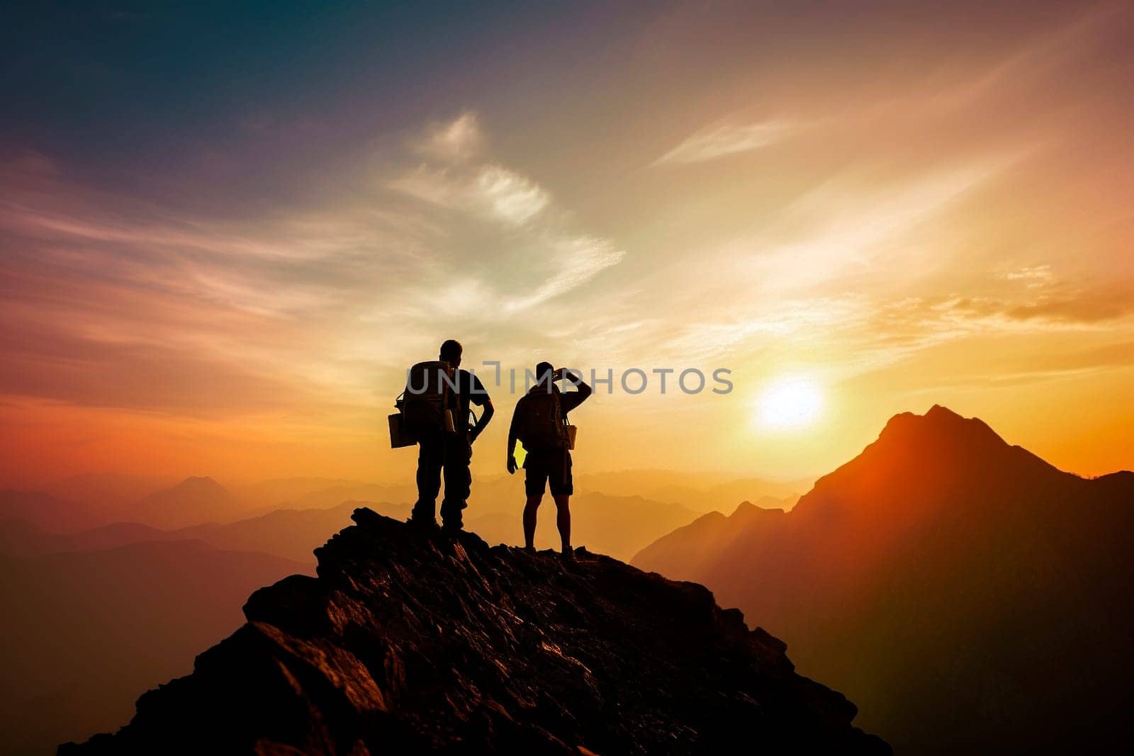 Two men with backpacks on top of mountain on sunset. Hiking companions. AI by paca-waca