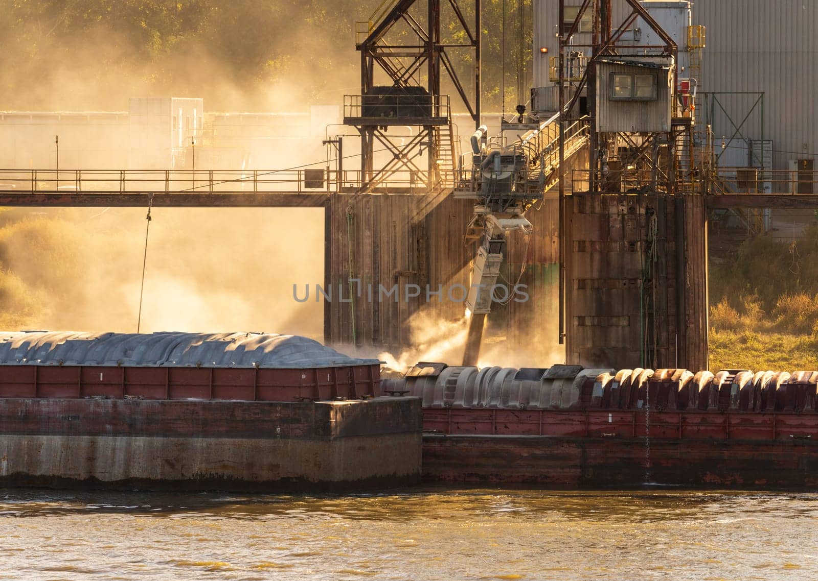 Grain being loaded into freight barges on Mississippi river by steheap