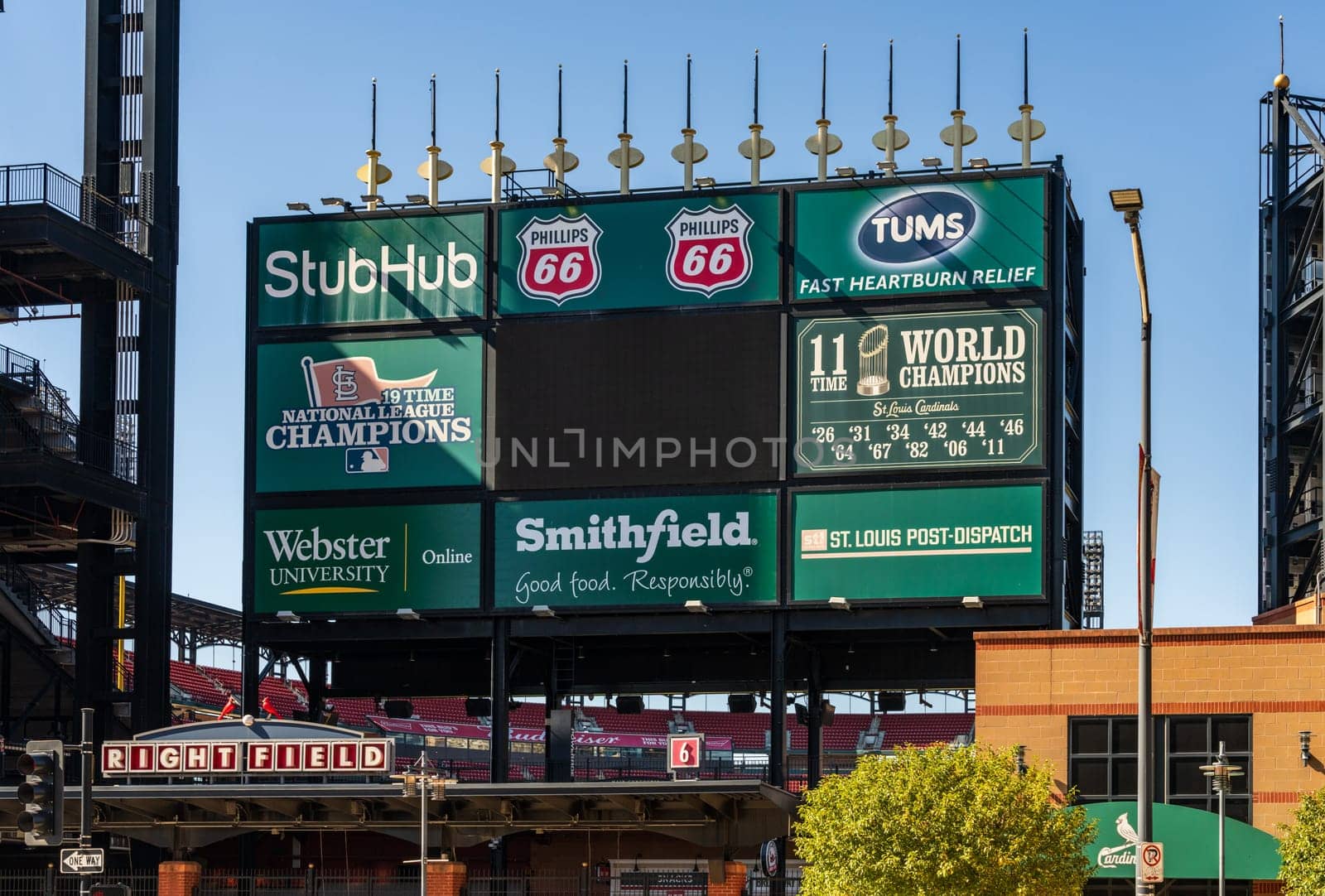 St Louis, MO - 21 October 2023: Entrance to Busch Stadium in the Saint Louis Ballpart Village dining and entertainment complex