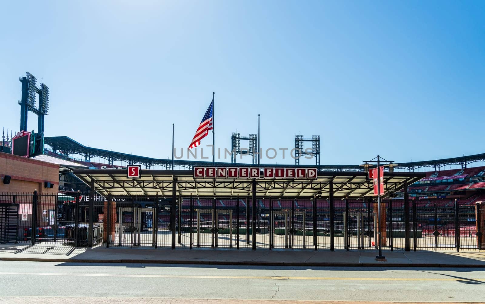 St Louis, MO - 21 October 2023: Entrance to Busch Stadium in the Saint Louis Ballpark Village dining and entertainment complex