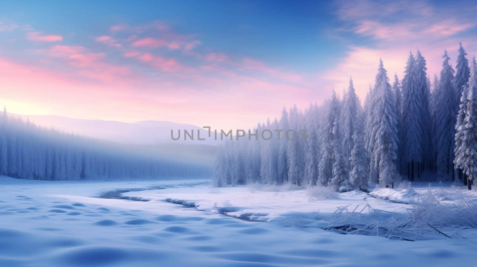 Snow-covered landscapes, including mountains, forests, and fields. llustration for cover, interior design. AI generative.